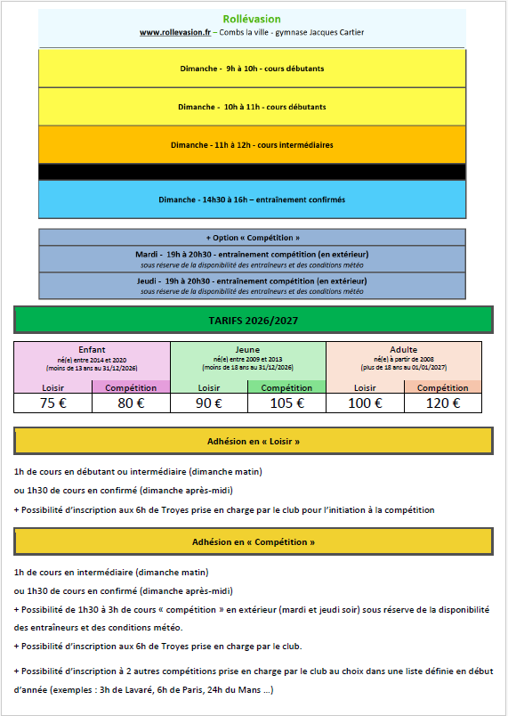 Tarifs et horaires rollevasion 2026 2027